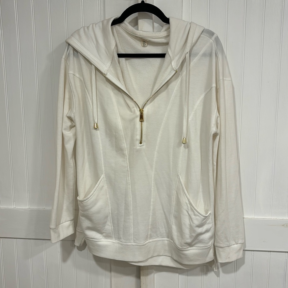 Cupio 1/2 zip fleecy, off white, drawstring, hoodie with gold zipper size L ￼